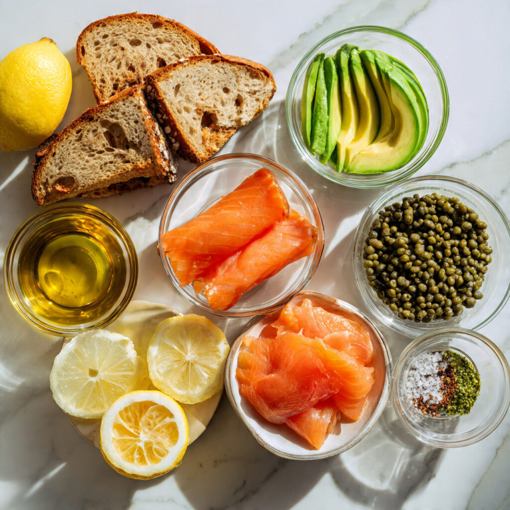 Fresh & Flavorful Smoked Salmon Avocado Toast You’ll Love 2 all ingredients for avocado salmon toast arranged