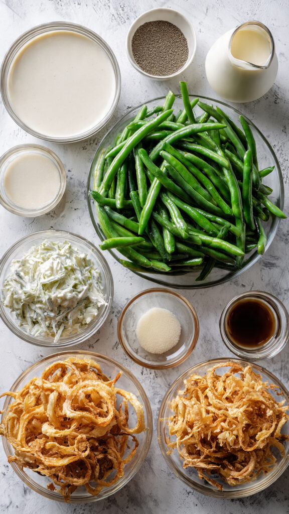 all ingredients for green bean casserole arranged