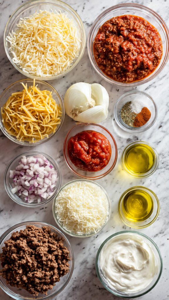 all ingredients for pasta beef casserole arranged