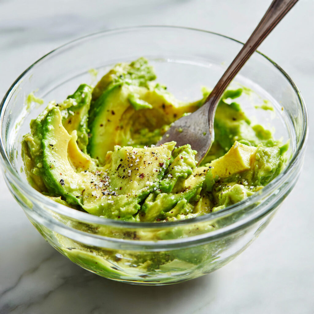 Fresh & Flavorful Smoked Salmon Avocado Toast You’ll Love 3 close up of avocado being mashed in a glass bowl w