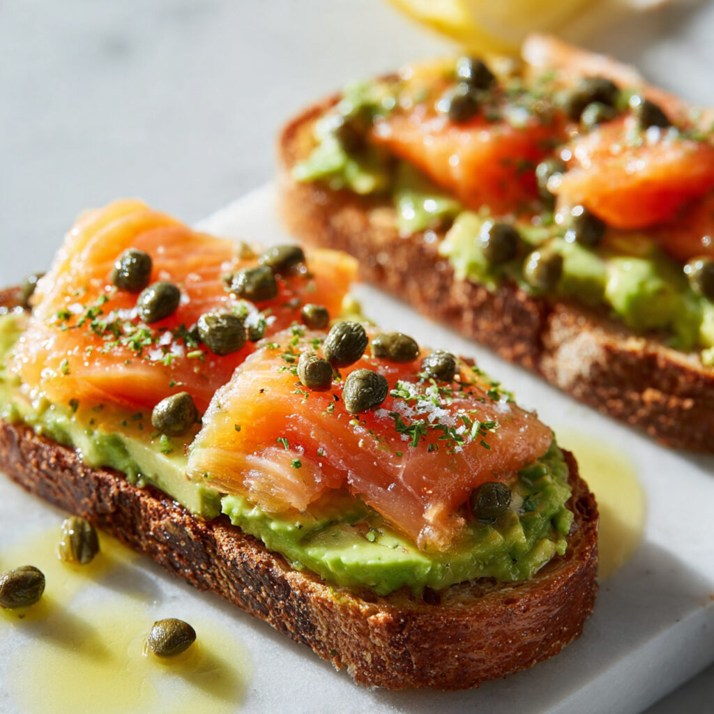 Fresh & Flavorful Smoked Salmon Avocado Toast You’ll Love 5 close up of avocado salmon toast ready to serve wi