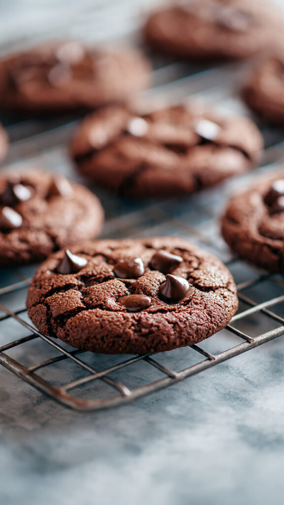 close up of baked chocolate cookies cooling on a m