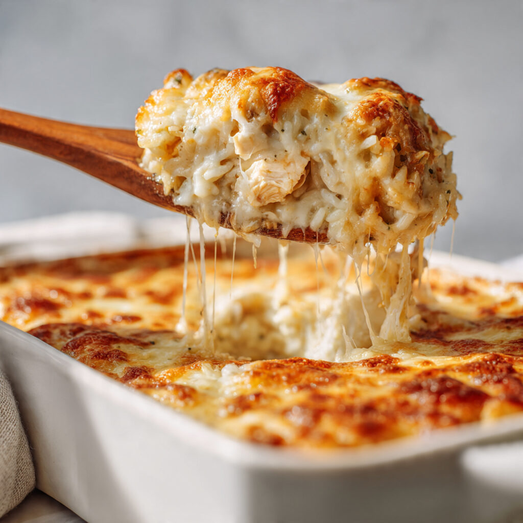 Creamy & Comforting Chicken Rice Casserole You’ll Make Again 5 close up of chicken rice casserole being served fr