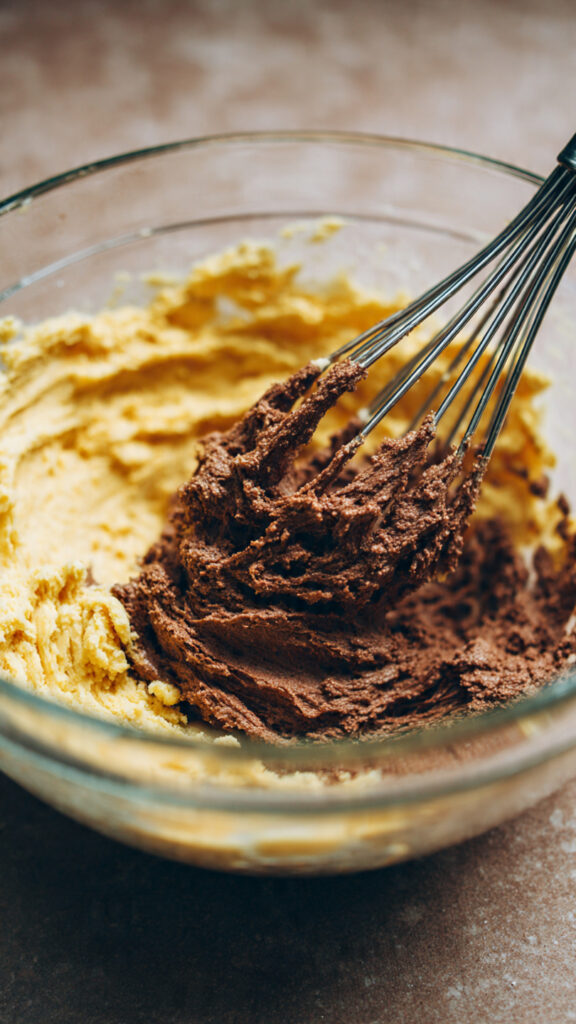 close up of cookie dough being mixed in a glass bo