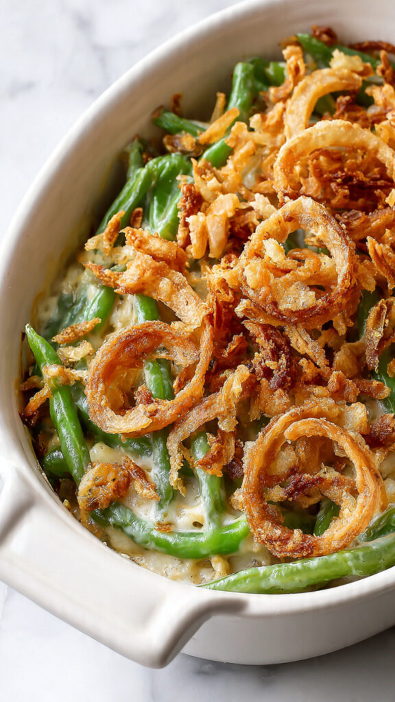 close up of creamy green bean casserole topped wit