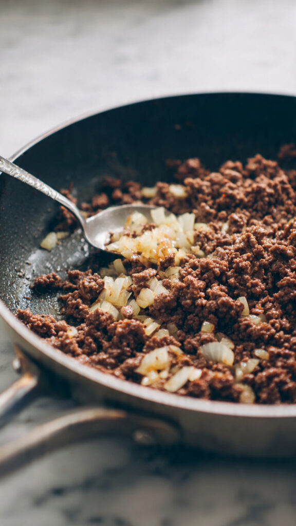 close up of ground beef cooking in a pan with chop