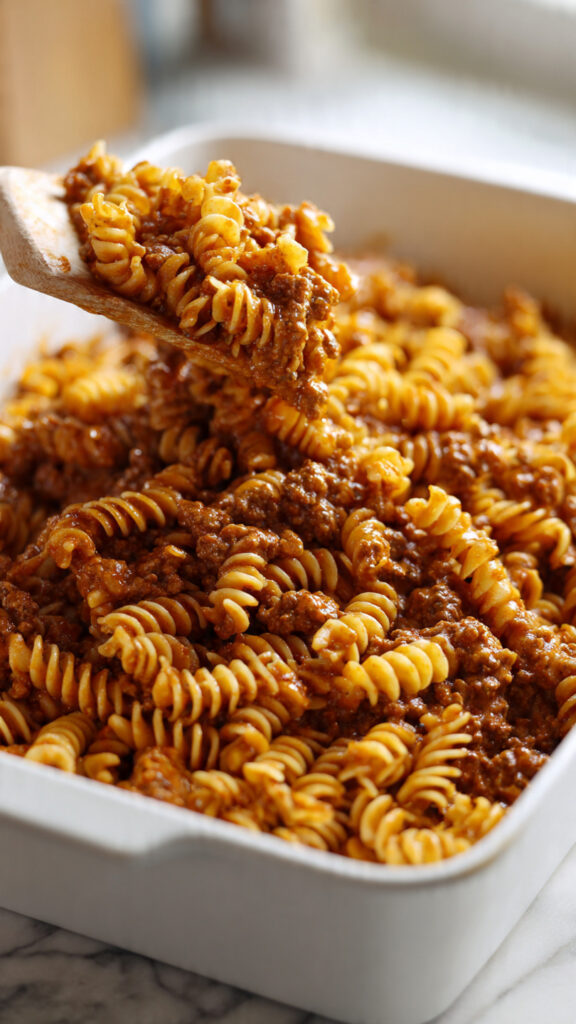 cooked pasta mixed with beef sauce and sour cream