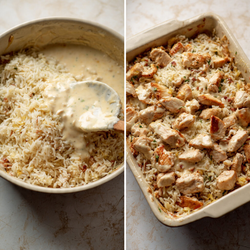 Creamy & Comforting Chicken Rice Casserole You’ll Make Again 4 cooked rice and chicken being mixed with creamy sa