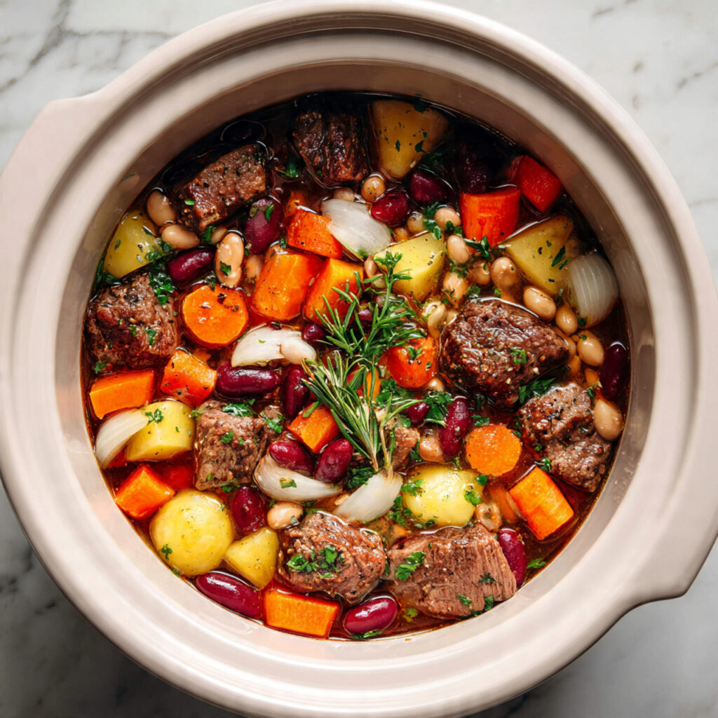 Cozy & Easy Crockpot Soup Recipes for Comforting Meals 4 crockpot being filled with seared meat chopped veg