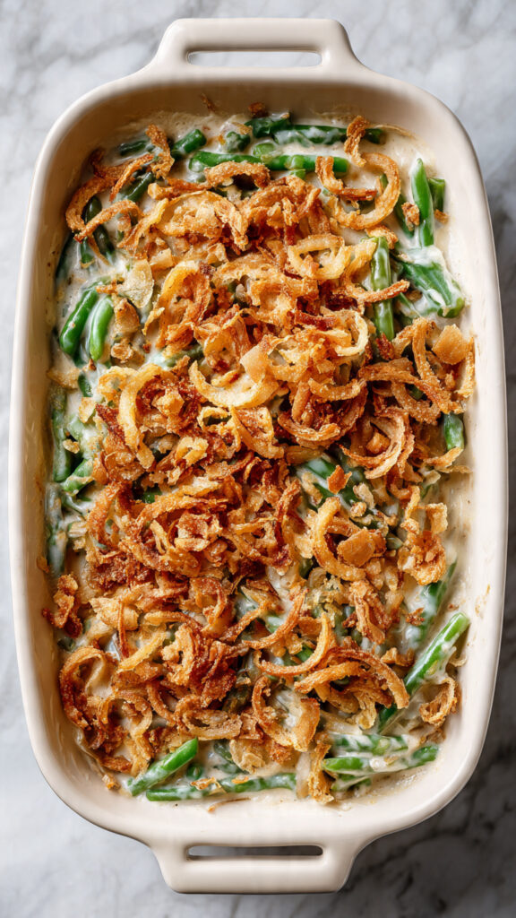 green bean casserole mixture spread in a baking di