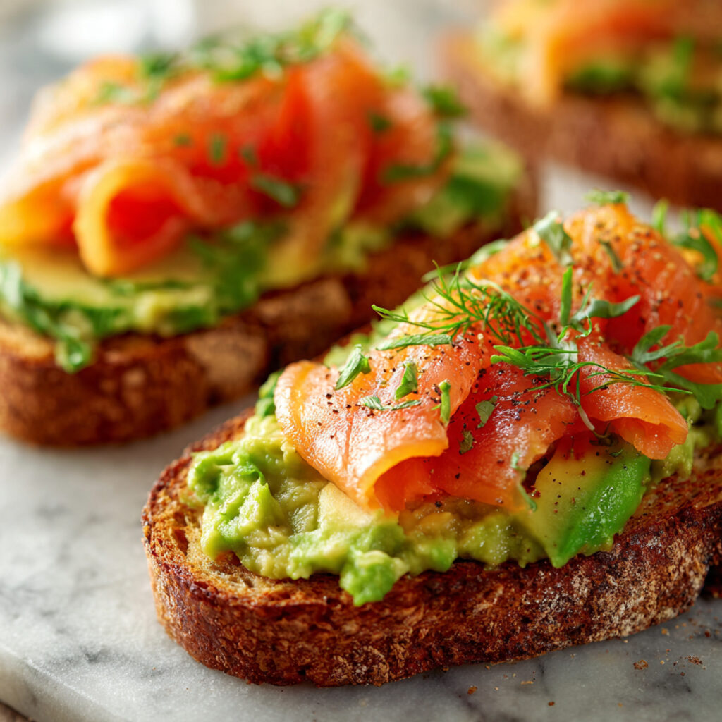 Fresh & Flavorful Smoked Salmon Avocado Toast You’ll Love 4 toasted bread slices spread with mashed avocado an